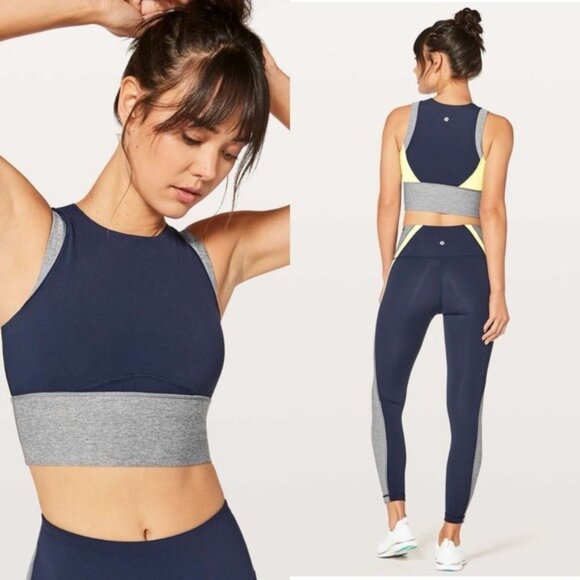 Lululemon Kick Serve Sweat Bra 6 Navy Heathered Slate Lemon Sleeveless Top - Picture 1 of 9